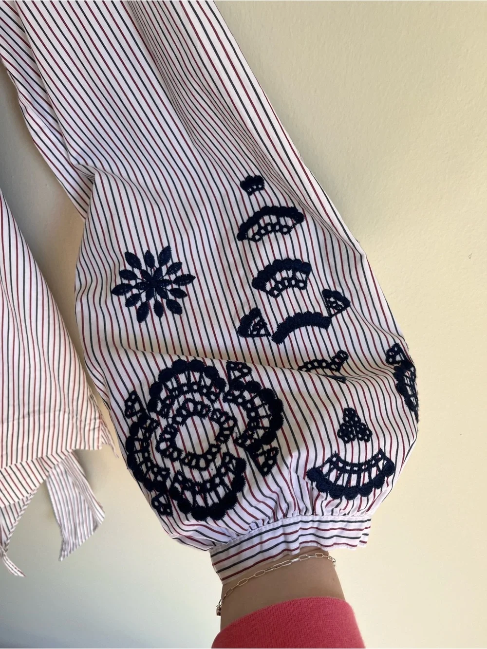 J. Crew Women's Stripe Long Sleeve Blouse with Embroidery on Sleeve Size Large